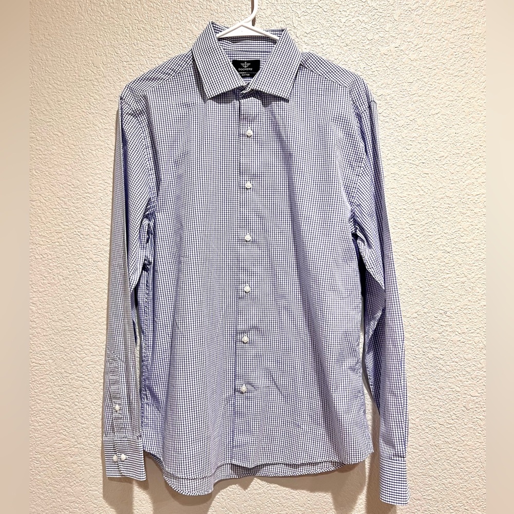 Dockers Fitted Blue Plaid Button Up Shirt, M